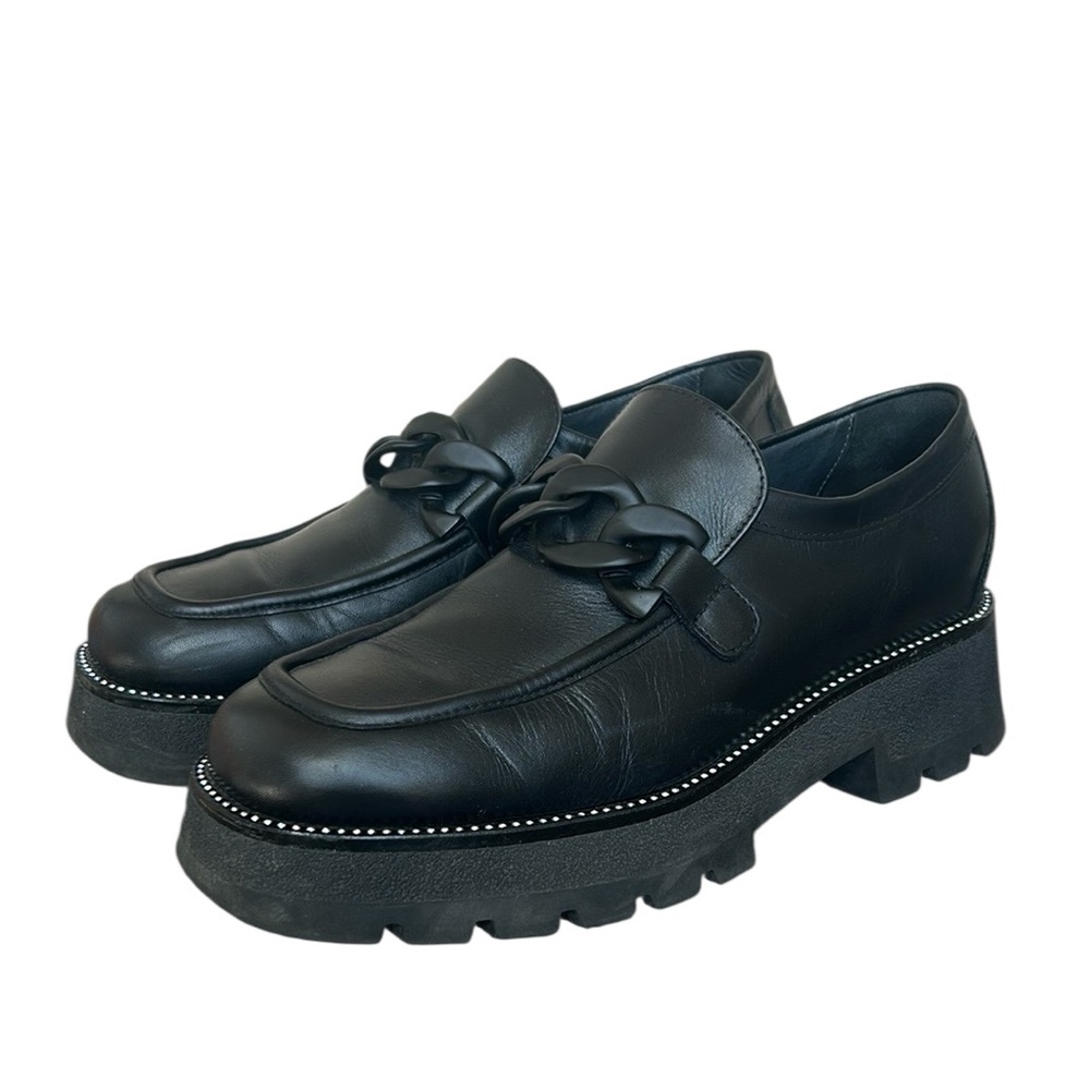 Nero Giardini Black Leather Chunky Loafers Chain‎ Rhinestones Platform Glam